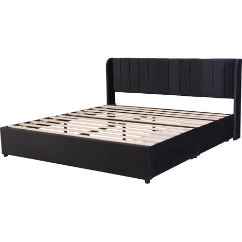 Lit capitonné 180 x 200 cm en velours noir avec sommier à lattes, tête de lit et 2 tiroirs (1/5)