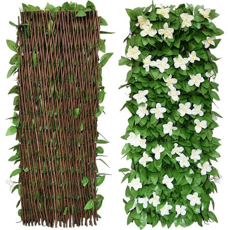 Lot de 2 panneaux de feuilles artificielles, clôture extensible pour balcon, terrasse, extérieur, panneau de clôture décoratif en faux lierre, haies artificielles, 30 x 200 cm - étendue (fleurs (1/5)