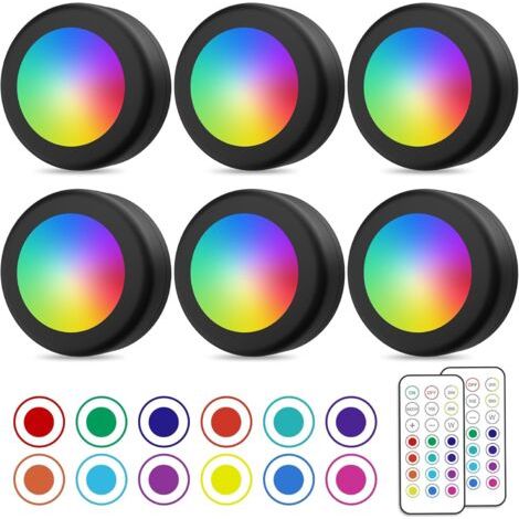 Spot LED Sans Fil, Couleurs Lampe Placard avec Telecommande, Eclairage Batterie Armoire Lumiere Cuisine Sous Meuble, Veilleuse Réglable LED, Lot de 6 (1/5)