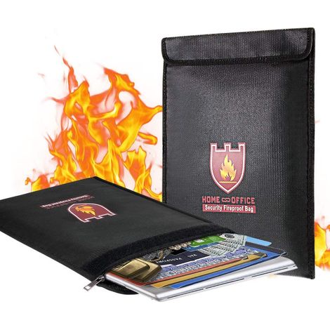 Bolsa ignífuga para documentos, 38 x 28 cm, resistente al agua y al fuego, con revestimiento de silicona, ideal para dinero, documentos y joyas. Cierre con cremallera.