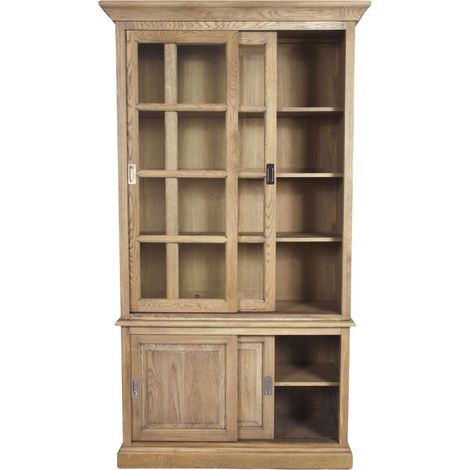 Hellin – Bibliothèque 4 portes coulissantes en chêne massif – 3 étagères réglables – Finition chêne patiné – Dimensions L 125 x H 150 x P 49 cm (1/5)