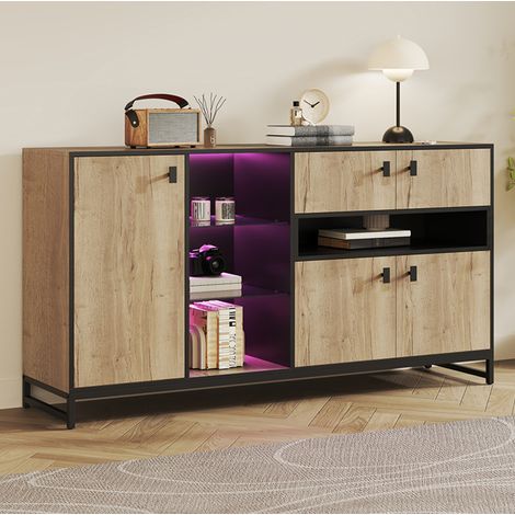 REDOM - Aparador 160x40x84.5 cm, espacios abiertos y cerrados, estructura de madera ingenierizada y metal negro natural (1/5)