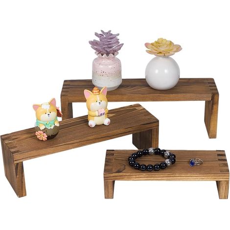 Présentoir en Bois à 3 Niveau, 3 Taille Support de Risers d'affichage Non Fini Étagères Étagère Vitrine Luminaires Présentoir Détachable pour Figurine Présentoir à Bijoux, Brun Coco (1/5)