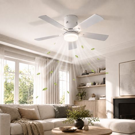 Ventilateur de plafond 42 pouces, 5 pales blanc, LED, moteur DC réversible, 6 vitesses, télécommande (1/5)