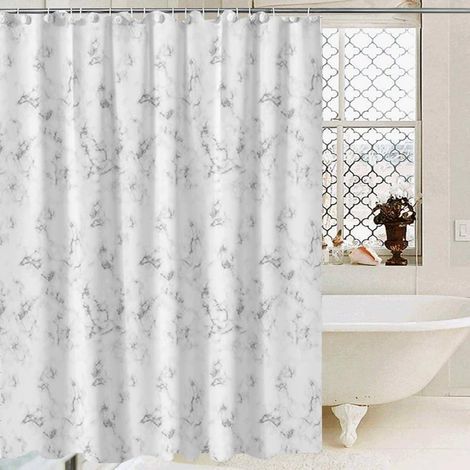Rideau de Douche Design en Plastique – Rideau de Douche en PEVA imperméable et léger de Taille Standard – Style marbre – avec œillets et Crochets – 180 x 180cm – Blanc (1/5)