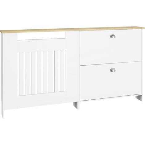HOMCOM cubre radiadores con zapatero, 152x19x81 cm, cubierta para radiador con 2 cajones abatibles, diseño moderno de listones, blanco (1/5)