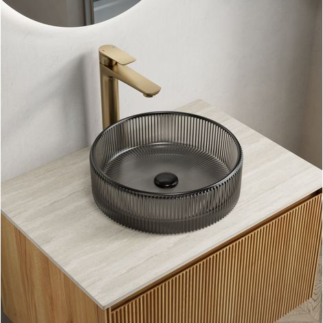 Vasque à poser ronde en verre cristal noir transparent 36 cm sans trou de robinet, REDOM (1/5)