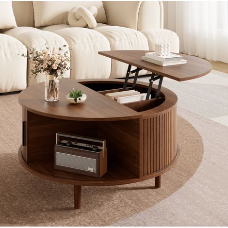 Tavolino da caffè rotondo 80x80x59 cm, piano regolabile in altezza, spazio contenitivo, MDF, noce (1/5)