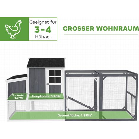 Hühnerstall mit Auslauf für 3-4 Hühner, dreiteiligem Nistkasten, Fläche 1,9 m², Fichtenholz, graue Farbe. (1/5)