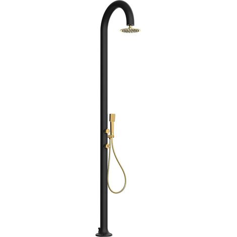 SINED Ducha de Aluminio Negra y Dorada con ducha de mano Móvil para Agua Caliente y Fría Ducha Superior Redonda Antical Doble Conexión Inferior y Lateral Para exteriores LUNA ALU D NERA ORO