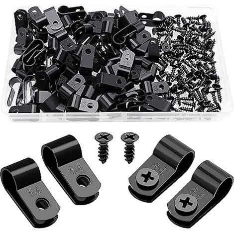 100 Pièces 8.4mm (5/16 Pouce) R-Type Attache de Câble Pince de Fil, R-Type Nylon Plastique Câbles Clips avec 100 Pièces des Vis, pour la Gestion des Fils (Noir) (1/4)