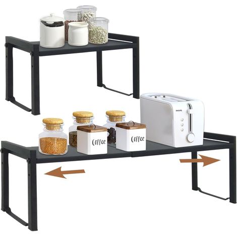 Lot de 2 - Étagère Cuisine - Rangement Épices - Extensible et Empilable pour Placard et Comptoir - Noir - 35x66 cm