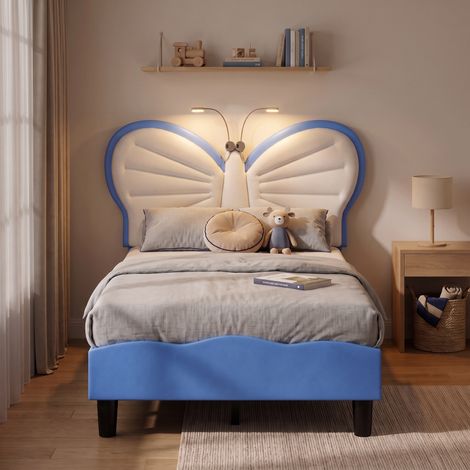 Letto singolo per bambini 90x190 cm, testiera a farfalla regolabile con lampada da lettura, velluto, blu e bianco (1/5)