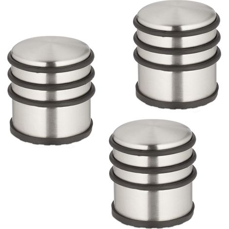 Relaxdays Set of 3 Door Bumpers, Stainless Steel, HxØ: 7.5 x 7 cm, High & Heavy, Non-slip, Slamming Brakes, Silver/Black