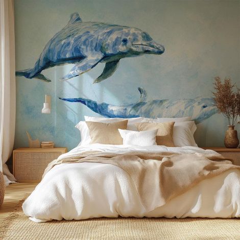 Papier peint dauphins aquarelle bleu océan ambiance marine papier peint