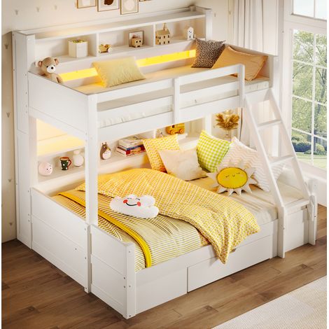 Lit superposé 90x200 cm et 140x200 cm avec LED, bois de pin blanc (Sans matelas) (1/5)