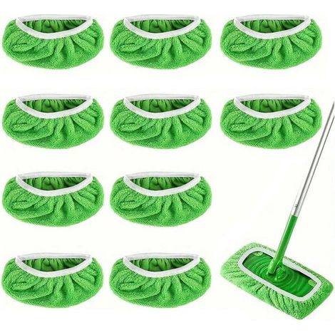 10 paños de repuesto para fregona - Compatibles con Swiffer - Para uso en seco y húmedo - Giratorios - Reutilizables - Chenilla - Verdes - Fregona no incluida (1/5)