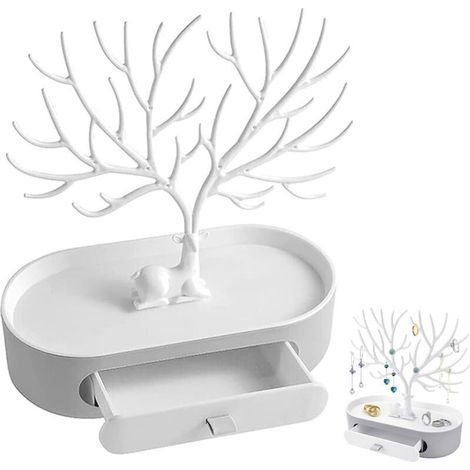 Présentoir À Bijoux, Blanc Arbre À Bijoux 3 in1 Porte Bijoux Avec Tiroir Jewelry Stand Rangement, Présentoir pour Bijoux en Bois de Cerf, pour Colliers, Bracelets, Bagues, Boucles D'oreilles (1/5)