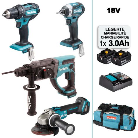 MAKITA Pack 4 machines 18V : DDF482 + DTD152 + DGA504 + DHR202 + 2 batteries 3Ah, chargeur et sac à roulettes