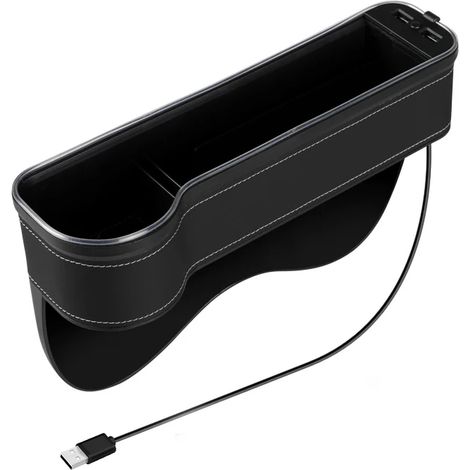 (Noir gauche 1 pièce) Organisateur de voiture avec LED colorées, combleur d'espace pour siège auto, double port USB de charge, boîte de rangement en PU avec porte-gobelet.