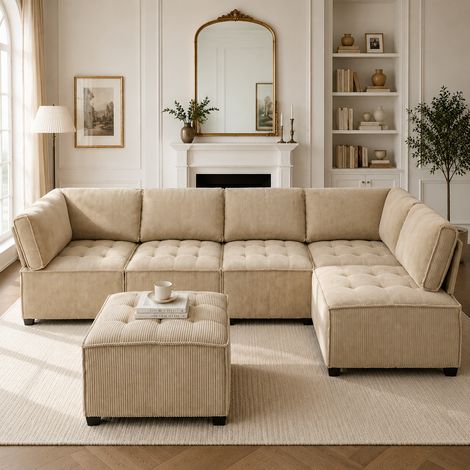 Sofá modular de 6 plazas 308x154x82 cm en tela acanalada caqui con almacenaje - MEUBLIV (1/5)