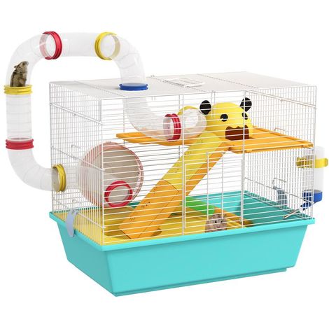 Cage pour hamster bleu clair avec tunnel, plateformes, gamelle, biberon et roue, 45x28x37 cm, habitat complet et compact