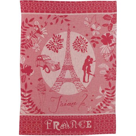 Torchon de Cuisine Essuie-Vaisselle en Coton Jacquard Motif Tour Eiffel Rouge 50 x 70 cm - PANGIVO
