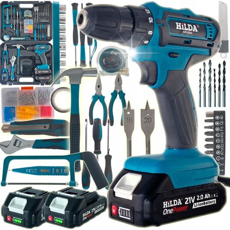 Trapano avvitatore a batteria Hilda 2 Ah 21V, 2 avvitatori a impulsi AKU + punte (1/5)