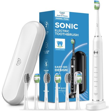Brosse À Dent Électrique Sonique Adultes avec 6 Têtes de Brosse et Étui de Voyage, Chargeur Rapide sans Fil et Longue Durée, 5 Modes et Minuteur Intelligent, Brosse À Dent Voyage, P200 Blanc (1/5)