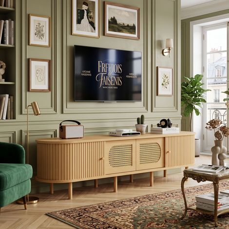 Creahappy Meuble TV 180x40x40 cm avec Rangement - Gain de Place pour TV 75 Pouces - Style Cannage Bohème en MDF - Bois Clair (1/5)