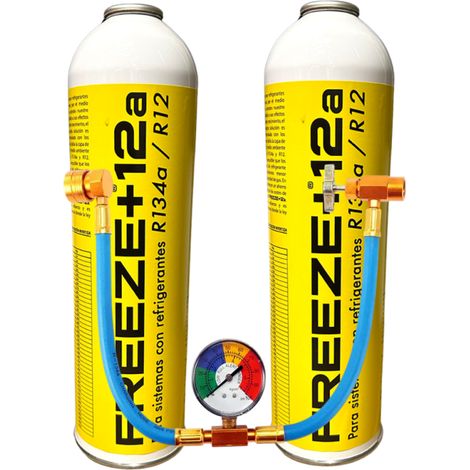 Pack 2 Gas Freeze +12A 420g  Sustituto R134a R12  Incluye Manómetro y Conexiones  Refrigerante Orgánico Alta Eficiencia