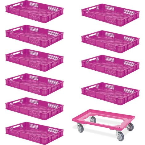BRB Lot de 10 boîtes Euro - 600 x 400 x 90 mm - Qualité industrielle - Qualité alimentaire - Rose - Avec 1 chariot de transport
