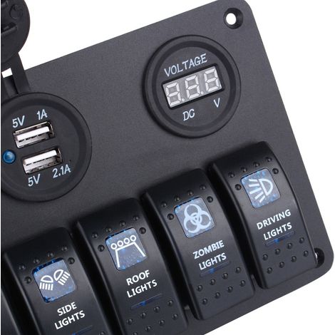 Panneau de commande à 6 interrupteurs à bascule LED pour voiture ou bateau, prise USB, prise allume-cigare, voltmètre (1/5)