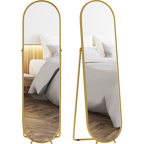 Specchio a Figura Intera da Terra con Supporto Pieghevole, Vetro e Metallo, 50x4x180 cm, Oro