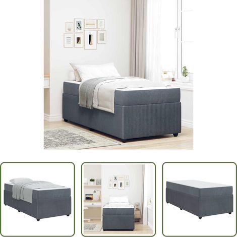 Lit en bois - Cadre de lit avec matelas Gris foncé 90 x 200 cm tissu (1/5)