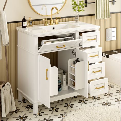 Meuble vasque salle de bain 90x46x87 cm en MDF et céramique blanc, avec rangement moderne FloraGrace (1/5)