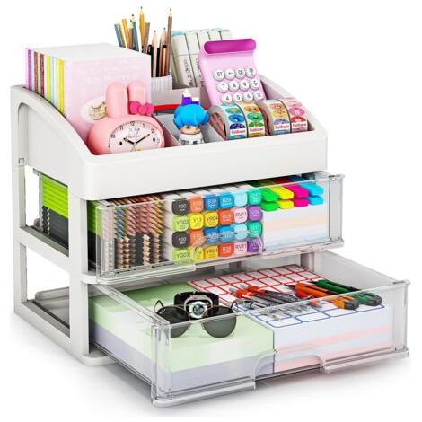 Organisateur de bureau avec tiroirs, organisateur de rangement à 2 ou 3 tiroirs, tiroirs de rangement de bureau pour fournitures de bureau, organisateur de papeterie en plastique (1/5)