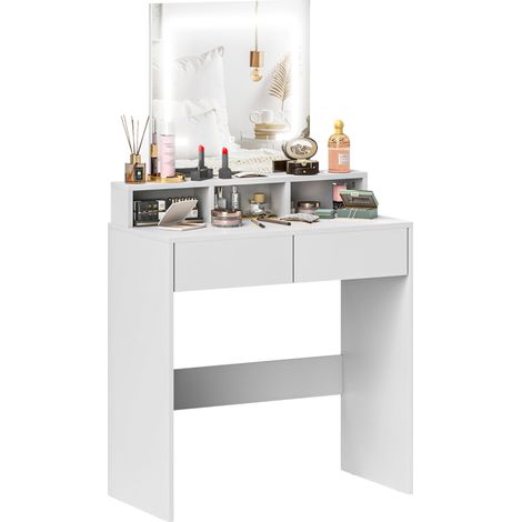 Storage Dressing Table, with LED Light Mirror - White