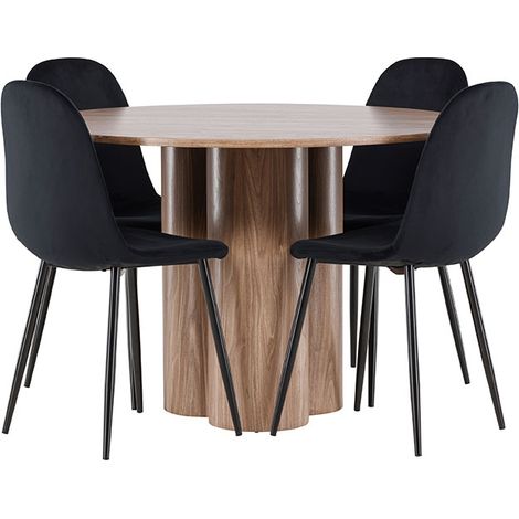Olivia Essgruppe Tisch Ø110cm und 4 Velours Stühle braun.