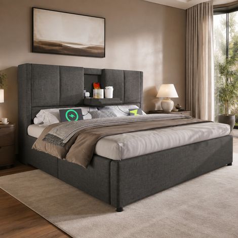 Cama con almacenaje 140x200 cm con cargador USB, portavasos oculto, gris HAVRYA (1/5)