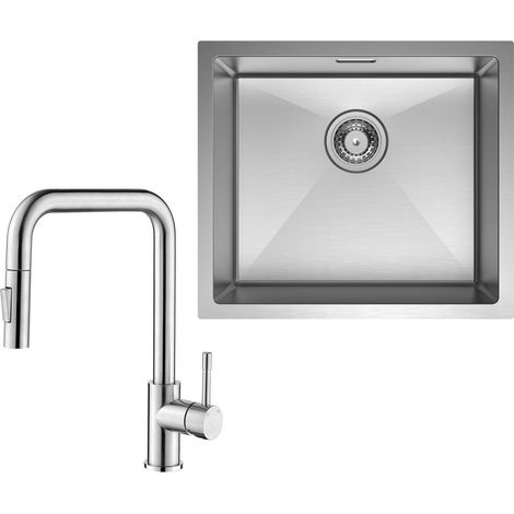 Unterbauspüle mit 1 Becken 50×44CM Edelstahlspüle Gebürstete + Küchenarmatur mit 2 Strahlarten Gebürstete ausziehbarer Spültischarmatur, Höhe 354 mm (1/5)