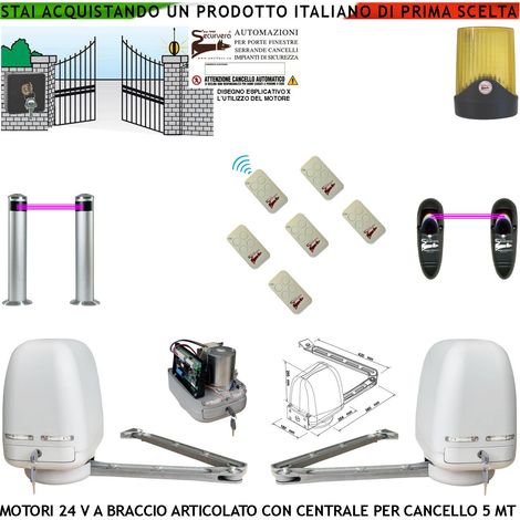 Cancello Elettrico Kit Motori a Braccio Articolato 24 V 2 Ante da 0,5 a 2,5 MT Centrale 220/24 V Selettore 6 Radiocomandi Faro 2 Fotocellule 2 Paline (1/4)