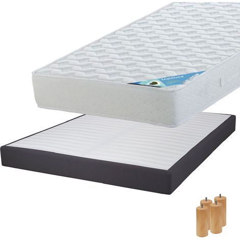 MALDIVES - Pack Matelas 140x190 + Sommier Tapissier Démontable 2x20 Lattes Anthracites + Pieds Bois 15cm (1/5)