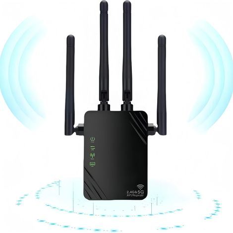Répéteur WiFi 1200 Mbps – Amplificateur bi-bande 2.4GHz et 5GHz – 4 antennes externes 3 dBi – Pour streaming HD et jeux en ligne (1/5)