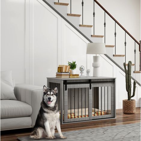 Jaula para perro 98x58x61 cm de madera gris con puerta corredera para salón – MEUBLIV (1/5)