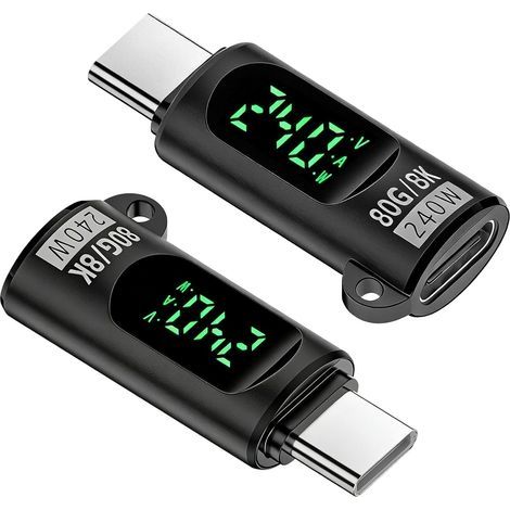 Paquete de 2 adaptadores USB-C de 240 W con pantalla LED, adaptador de carga rápida PD USB-C macho a hembra, conector tipo C, transferencia de datos de 80 Gbps y vídeo 8K para iPhone 17, MacBook, iPad (1/5)