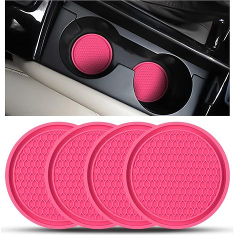 4 Pièces sous Verres Voiture Universel Anti Dérapant Silicone, Porte Gobelet en PVC, PVC Épais Coaster Voiture, Universels Tapis pour Gobelets Automobiles, Caboteur Tasse Voiture(Rose Rouge) (1/5)