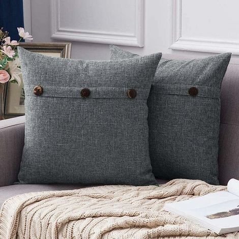 Housses de Coussin Décoratives Carrées Style Rustique en Lin Housses de Coussin en Lin Décor avec Boutons Décoratifs pour Sofa Chambres à Coucher Maison Gris Foncé 50X50CM,2 pièces (1/5)