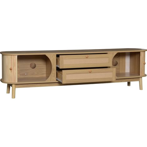 TV-Möbel aus Naturholz mit Türen und Schubladen, Rattan-Einsätze, 170 x 39,5 x 46 cm, MODENUIT (1/5)