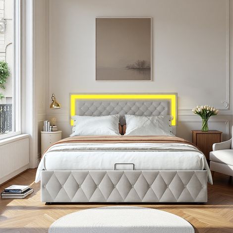 Bett 160 x 200 cm – Samtstoff – LED – Moderner Minimalismus – Bettrahmen 160 x 200 cm – beige (1/5)